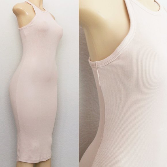 Zara High Neck Sleeveless Midi Dress Stretch Ribbed Knit Bodycon Blush Nude M - Picture 8 of 10